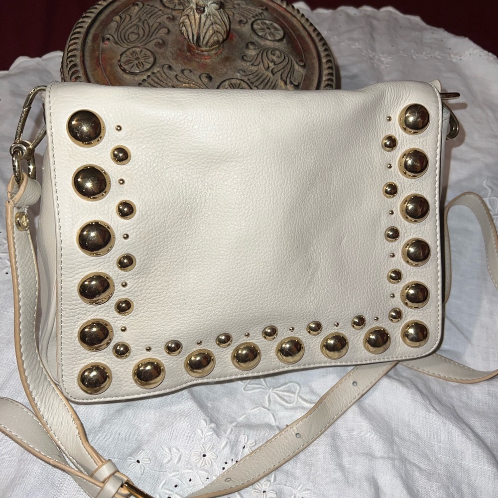 RJG leather gold studded flap bag in bone